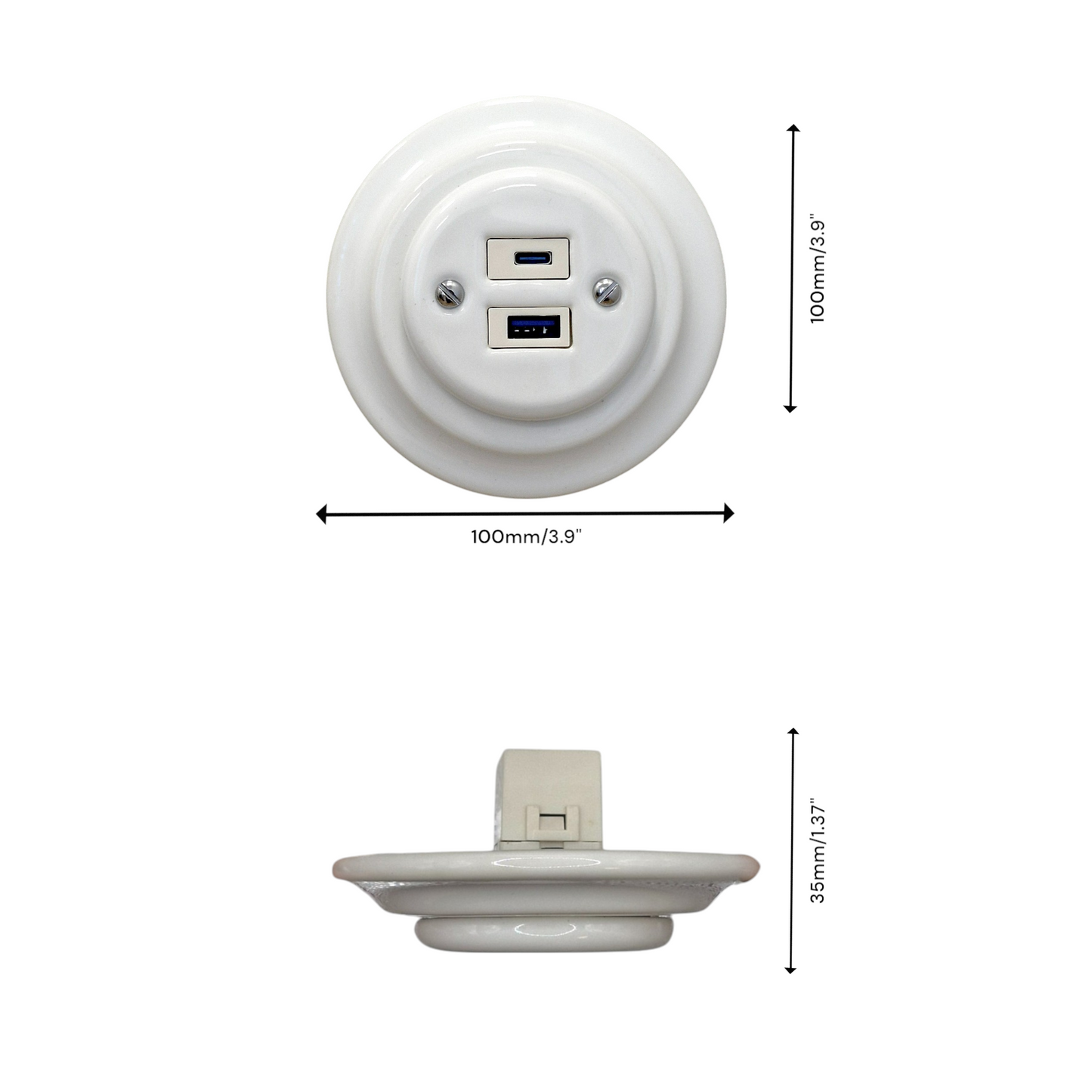 Porcelain USB Charging Socket – Retro Loft Style | Vintage Design, Flush-Mounted, USB A+C Socket in White Ceramic