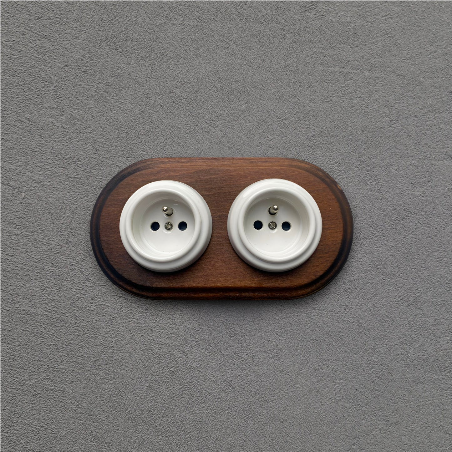 Wooden Frame Double French Power Socket Porcelain Loft Retro Electrical Flush-Mounting Vintage Cottage Ceramic Dark Brown With White