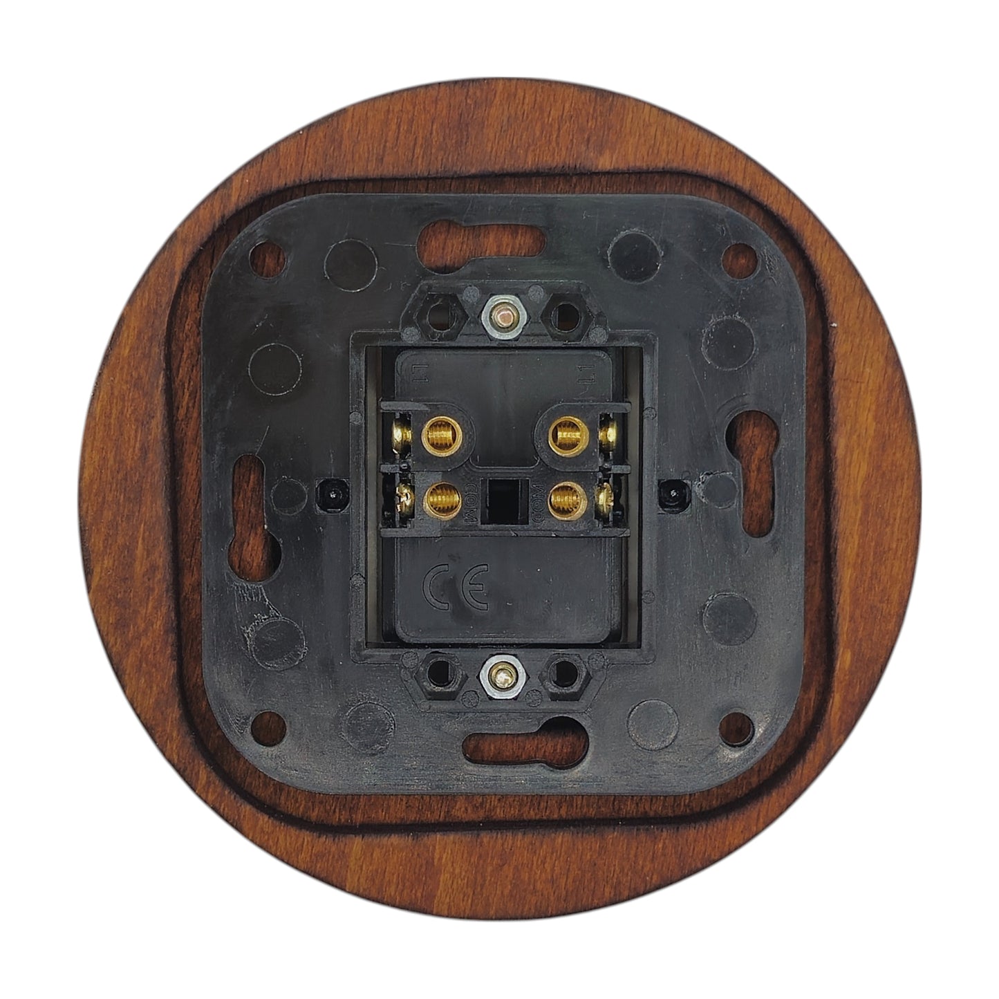 Retro Style White Ceramic Two-Pole Push Button Switch Flush-Mounted Dark Wood Frame, D100mm