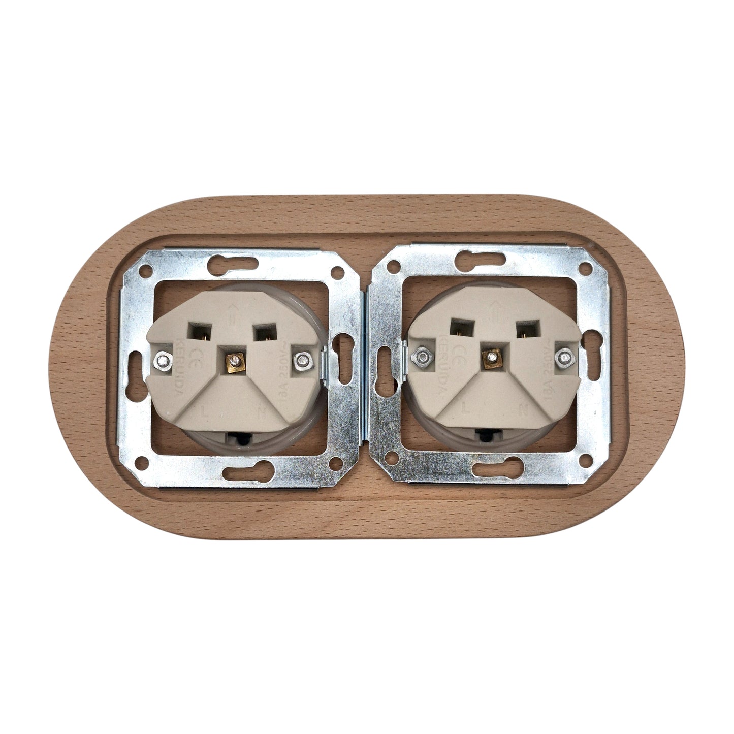 Retro Style White Ceramic German Schuko Socket – Retro Loft Style | Vintage Design, Flushed-Mounted, Natural Wood Frame