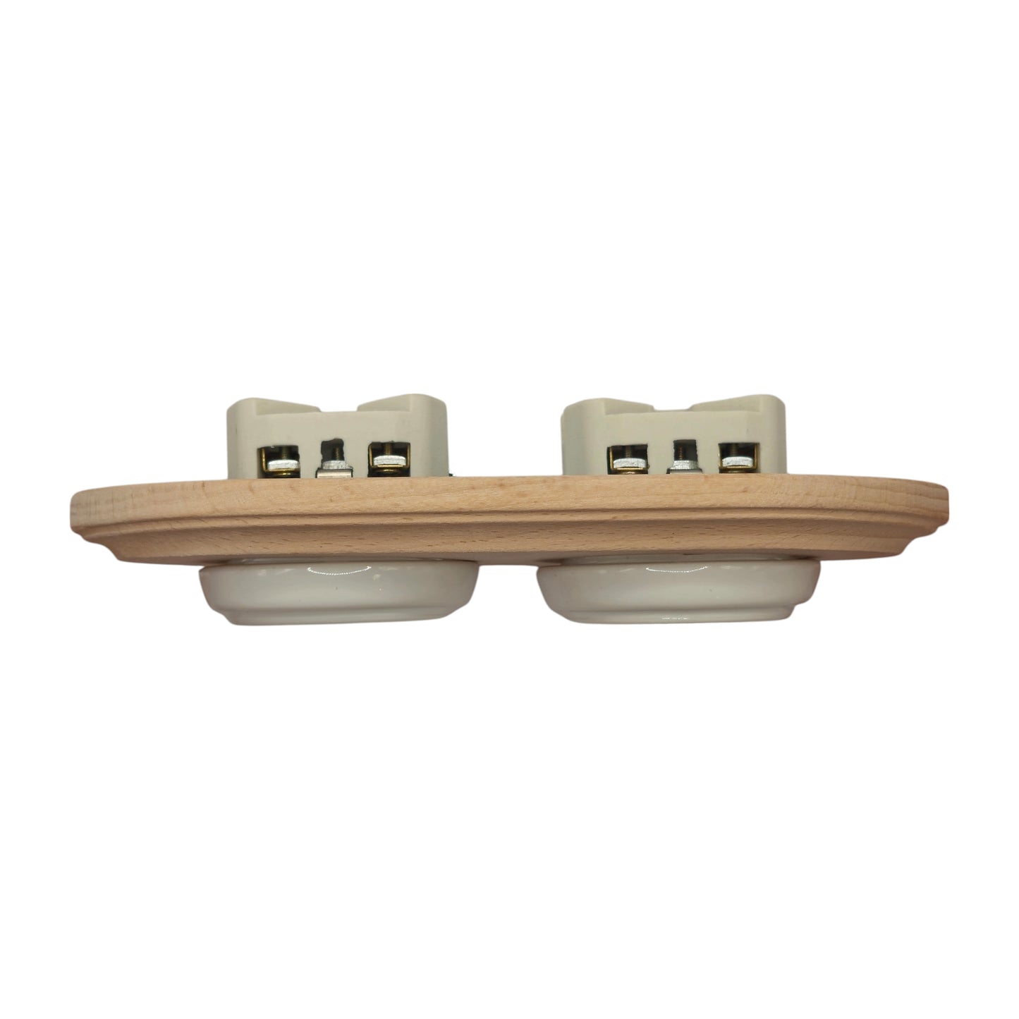 Retro Style White Ceramic German Schuko Socket – Retro Loft Style | Vintage Design, Flushed-Mounted, Natural Wood Frame