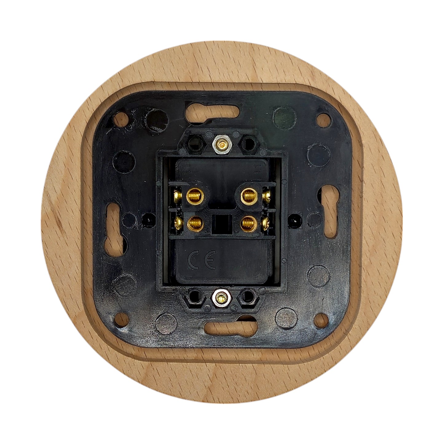 Retro Style White Ceramic Two-Pole Push Button Switch Flush-Mounted Natural Wood Frame, D100mm
