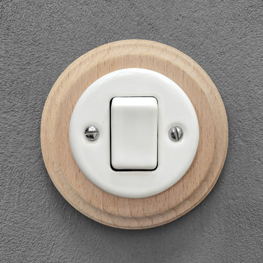 Retro Style White Ceramic Two-Pole Push Button Switch Flush-Mounted Natural Wood Frame, D100mm