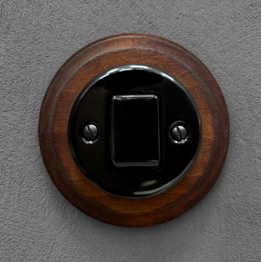 Retro Style Black Ceramic Crossing Push Button Switch Flush-Mounted Dark Wood Frame, D100mm