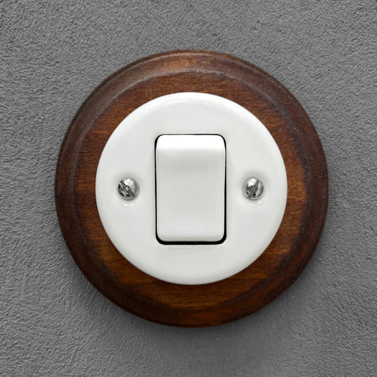 Retro Style White Ceramic Two-Pole Push Button Switch Flush-Mounted Dark Wood Frame, D100mm