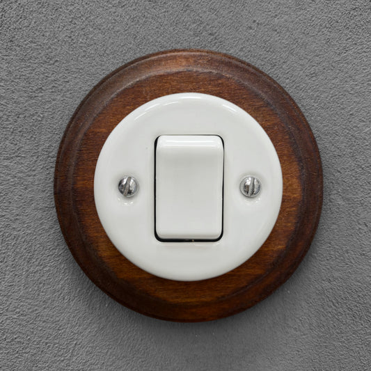 Retro Style White Ceramic Crossing Push Button Switch Flush-Mounted Dark Wood Frame, D100mm