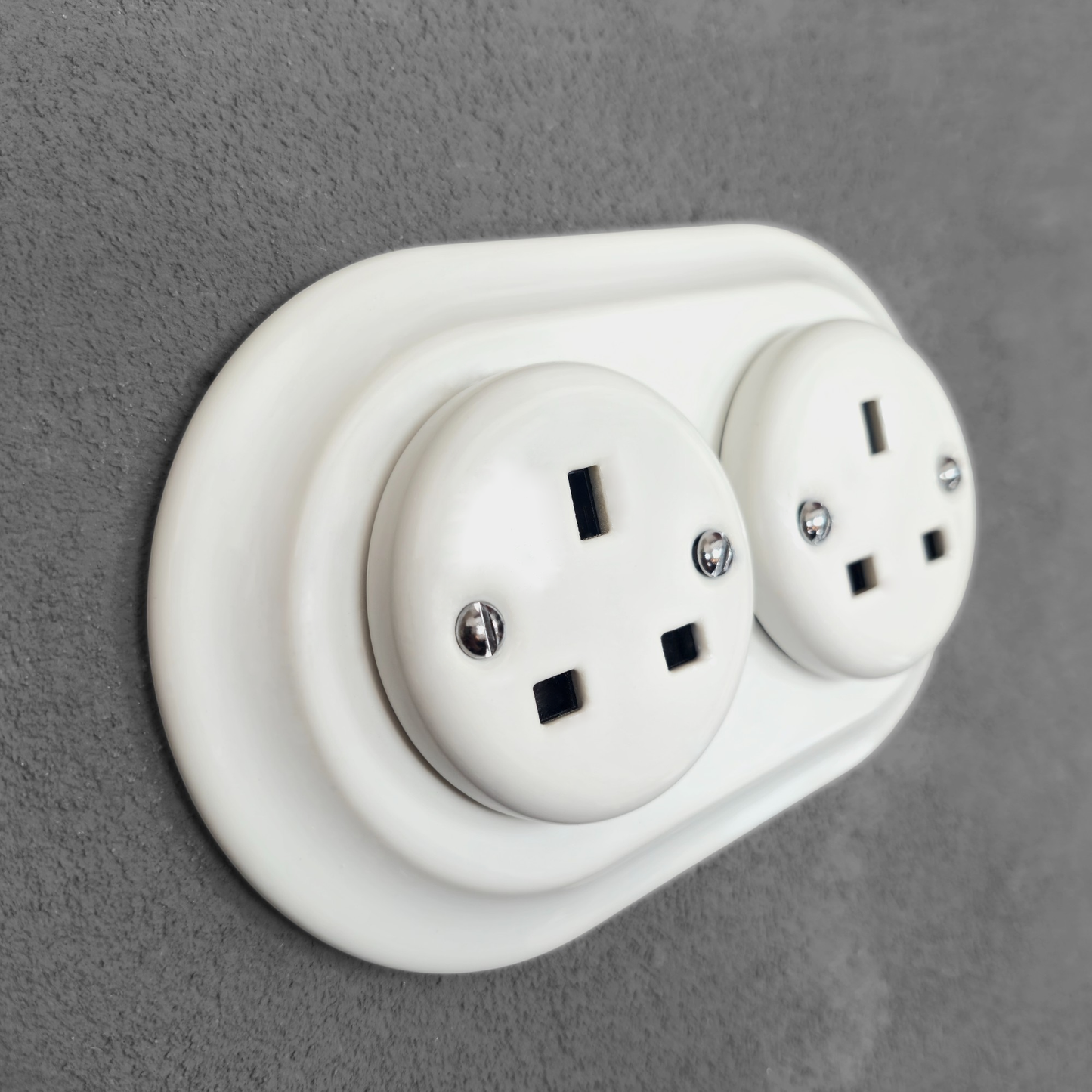 Retro style White Ceramic Double UK Type socket Plug UK 3 Prong Flushed-Mounted Vintage Cottage