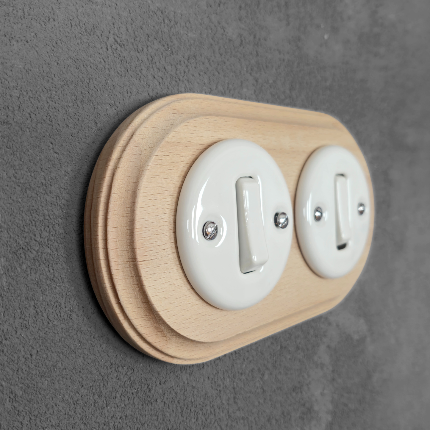 Wooden Frame Double Porcelain Light Switch Loft Retro 1-gang Two-way Flush-Mounting Vintage Cottage Ceramic Natural Wood With White