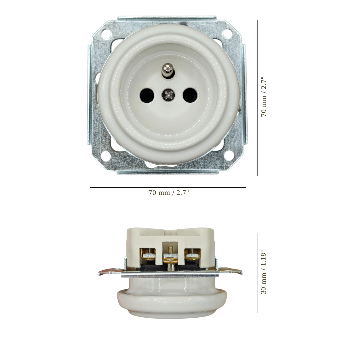 Single white French porcelain socket insert, flush-mount, measurements