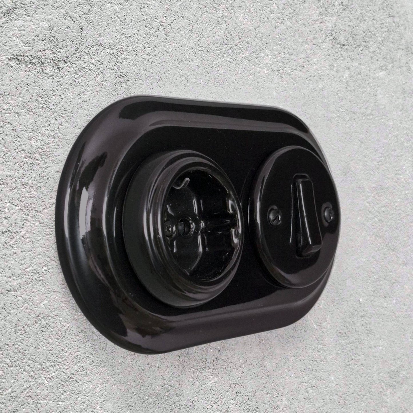 Porcelain Socket with Switch 1 Gang – Retro Loft Style | Vintage Design, Flush-Mounted, German Schuko Socket Black Ceramic