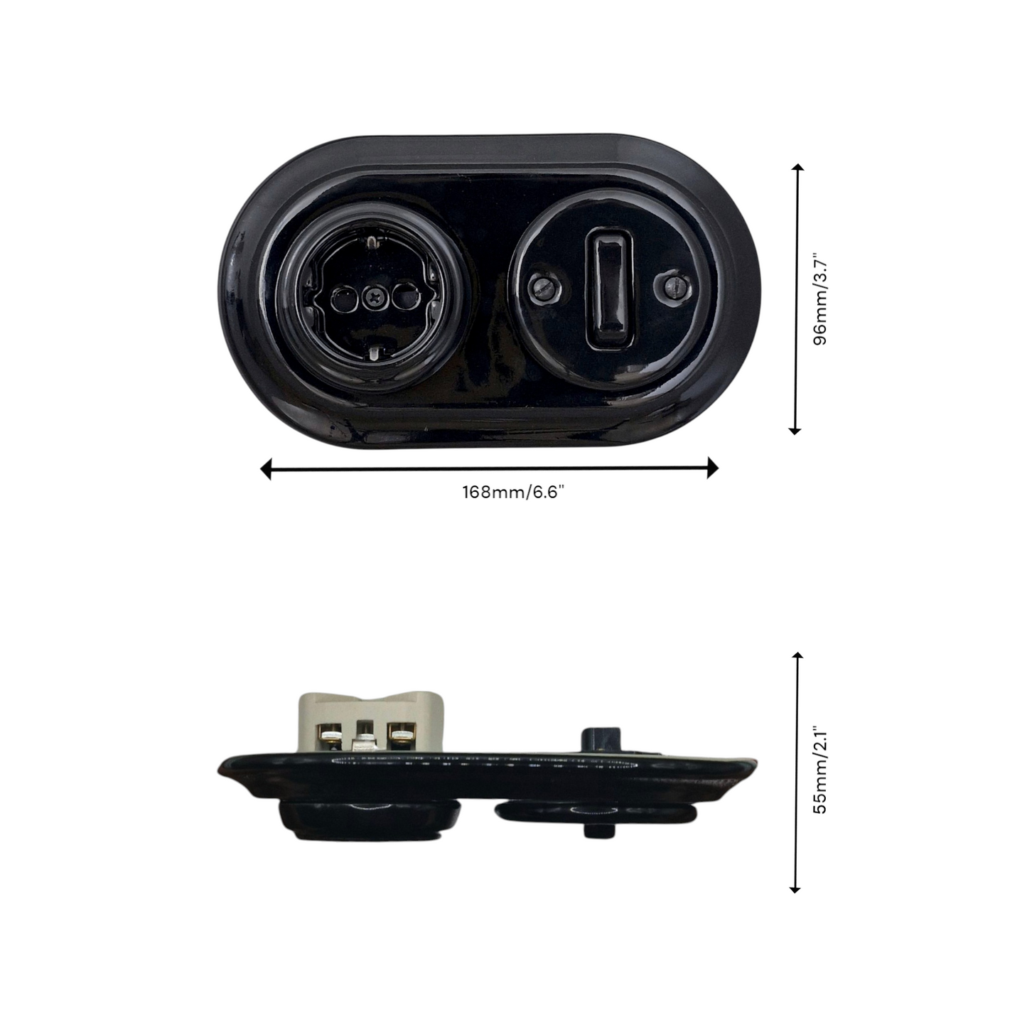 Porcelain Socket with Switch 1 Gang – Retro Loft Style | Vintage Design, Flush-Mounted, German Schuko Socket Black Ceramic