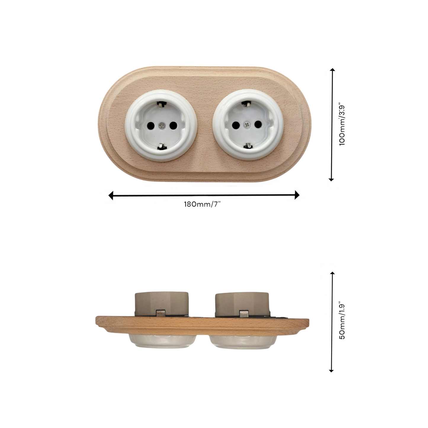 Retro Style White Ceramic German Schuko Socket – Retro Loft Style | Vintage Design, Flushed-Mounted, Natural Wood Frame