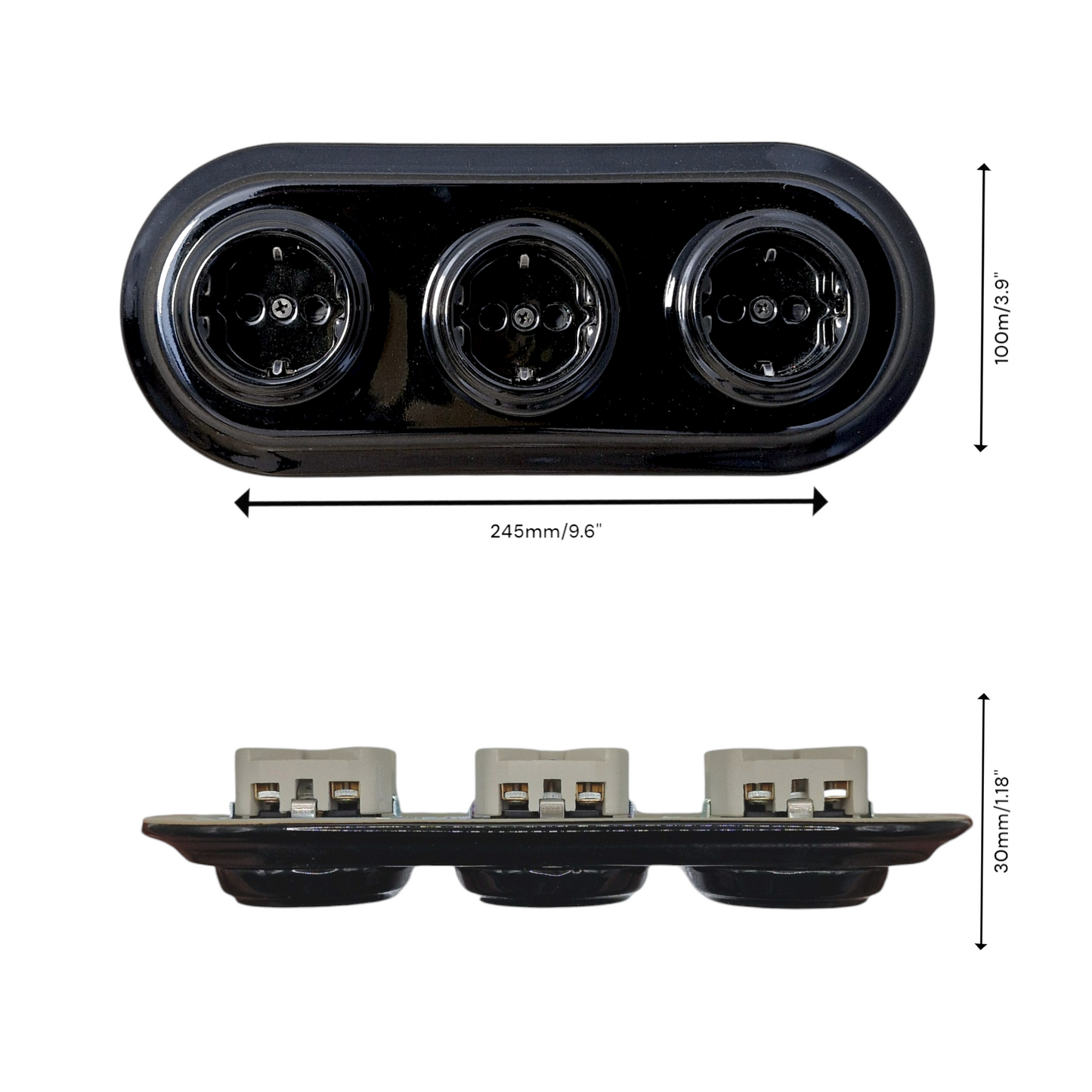 Triple Power Socket Porcelain Loft Retro Electrical German Schuko Flush-Mounting Vintage Cottage Ceramic Black
