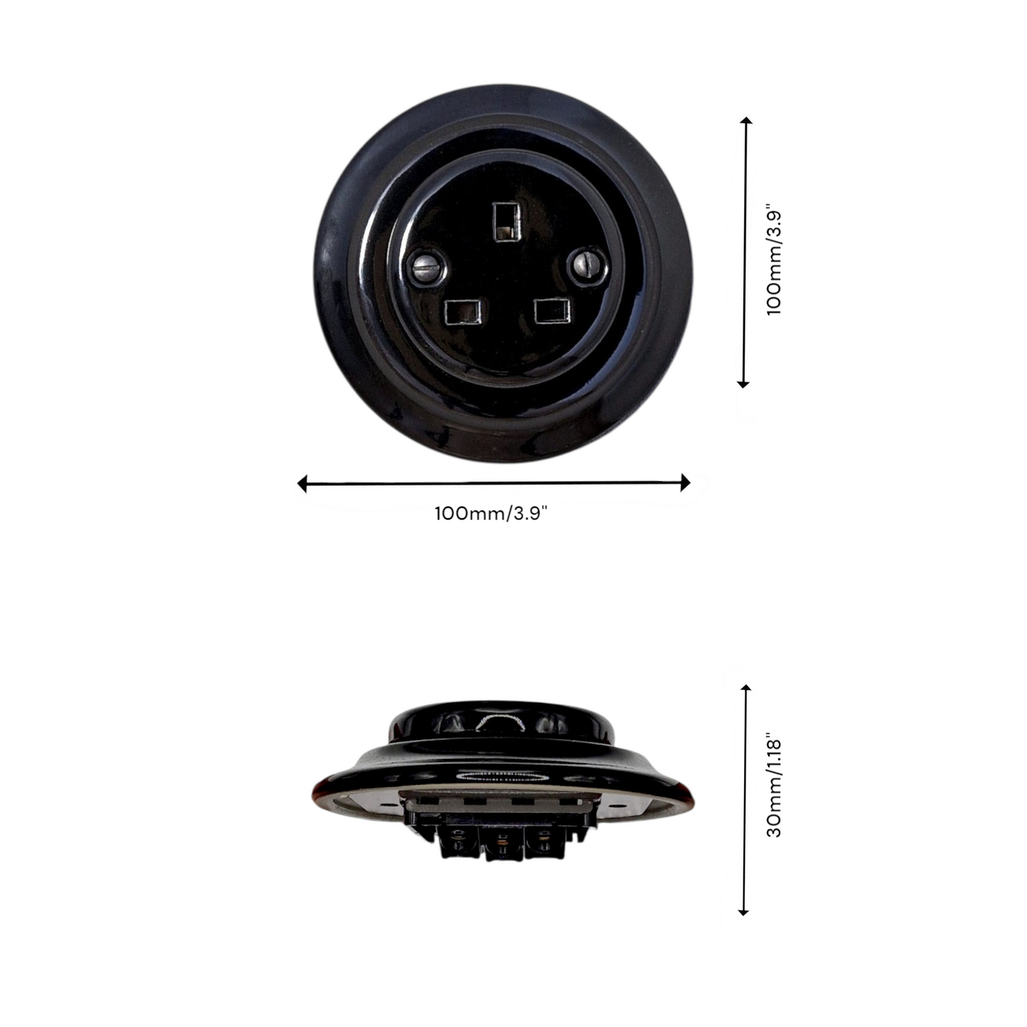 Power Socket Plug Porcelain UK 3 Prong Loft Retro Electrical Flush Mounted Vintage Cottage Black Ceramic