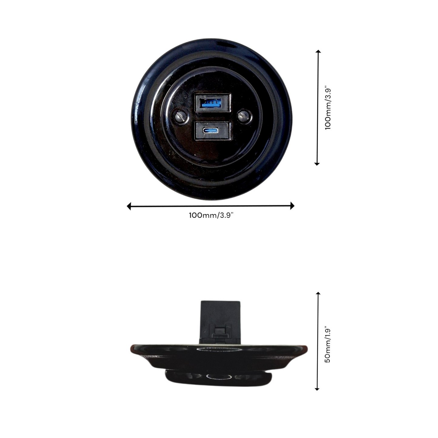 Porcelain USB Charging Socket – Retro Loft Style | Vintage Design, Flush-Mounted, USB A+C Socket in Black Ceramic