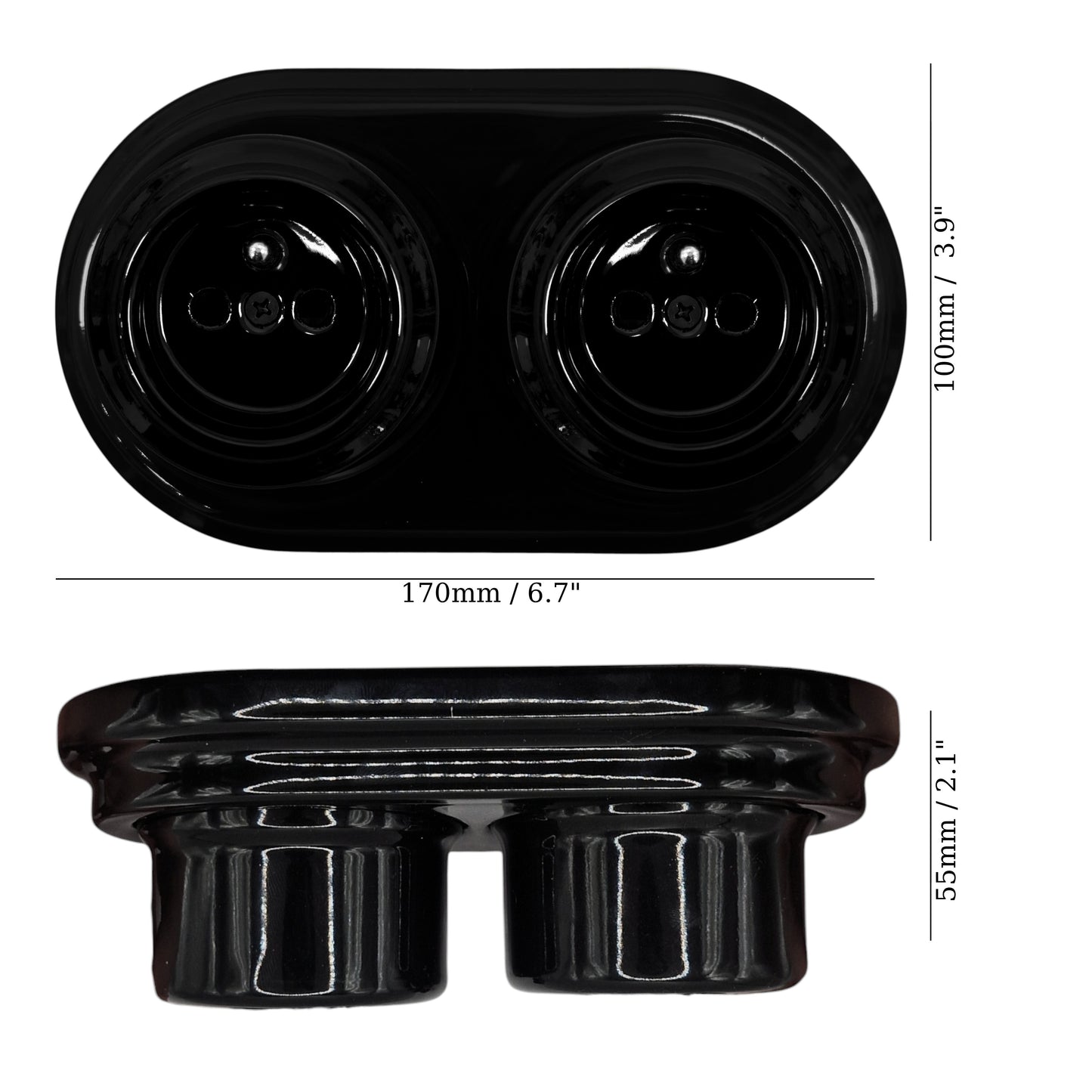 Double black French porcelain socket, surface-mount, measurements
