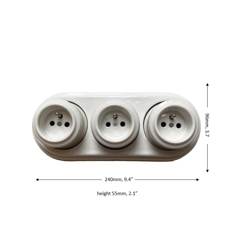 Triple Power French Socket Porcelain Surface Mounted Loft Retro Electrical 3 Socket Vintage Cottage Ceramic White