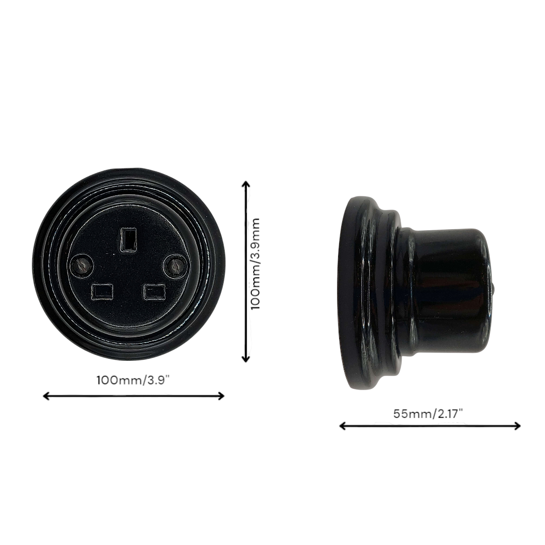 Power Socket 3 Prong UK Porcelain Surface Mounted Loft Retro Electrical Surface Mounted Vintage Cottage Ceramic Black