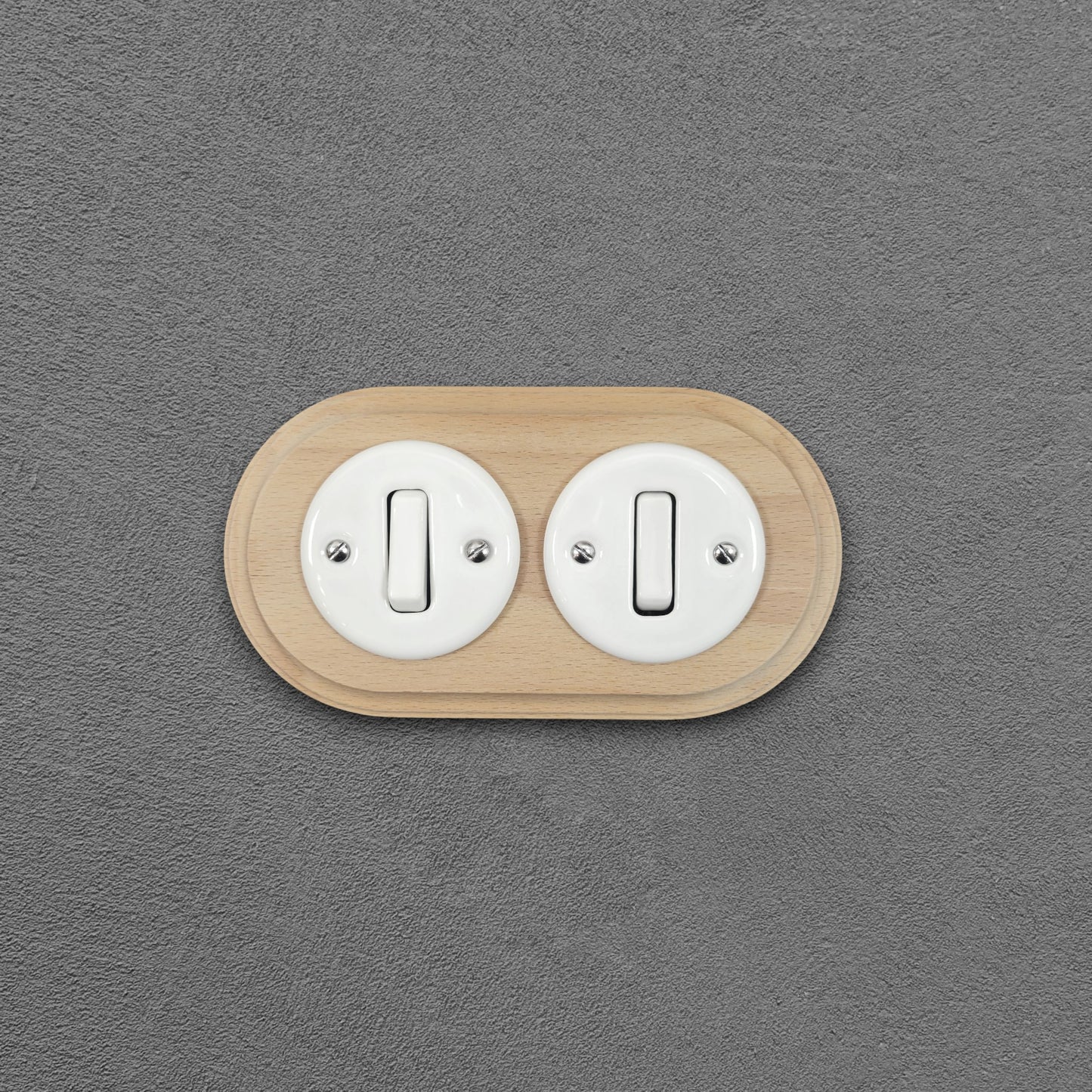 Wooden Frame Double Porcelain Light Switch Loft Retro 1-gang Two-way Flush-Mounting Vintage Cottage Ceramic Natural Wood With White