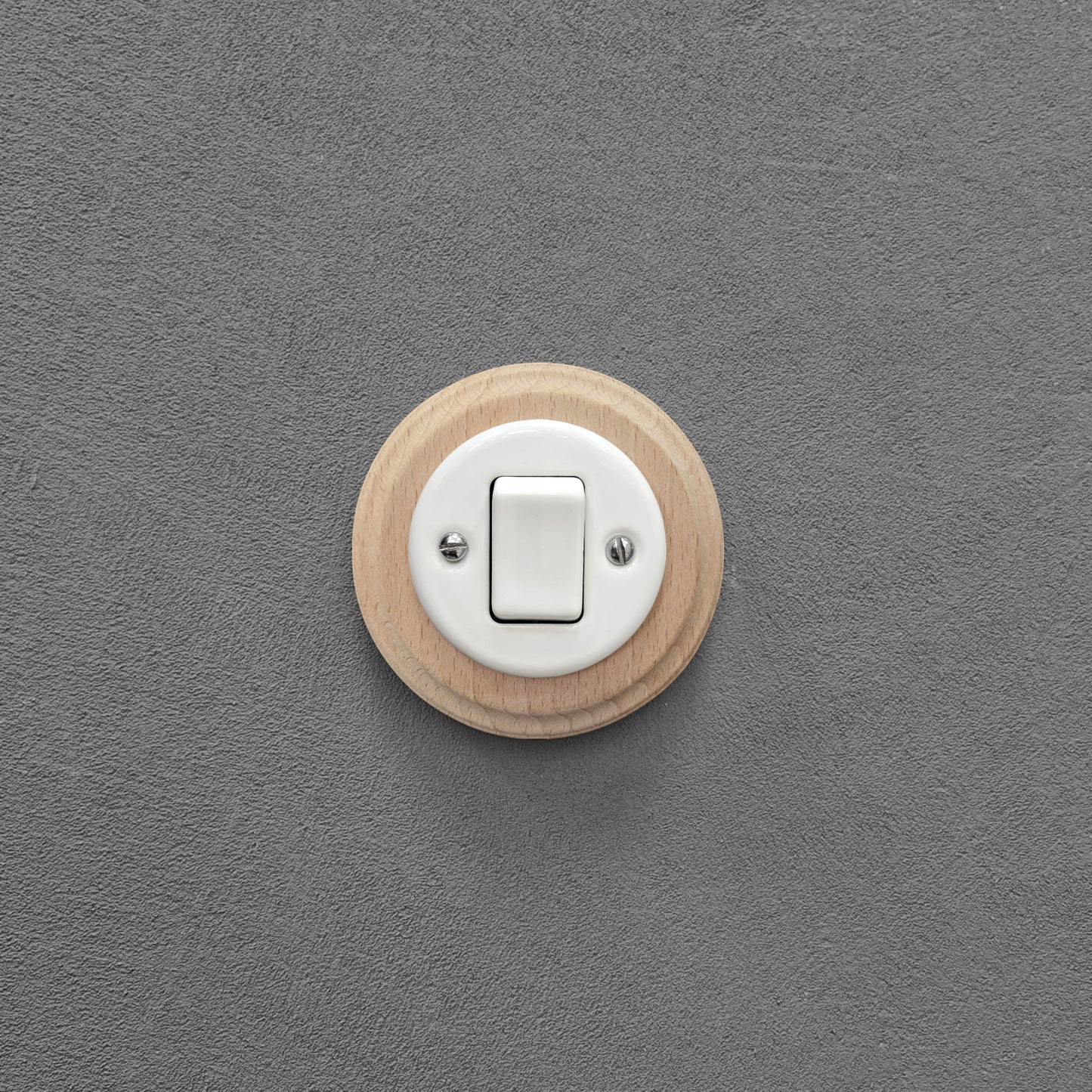 Retro Style White Ceramic Two-Pole Push Button Switch Flush-Mounted Natural Wood Frame, D100mm