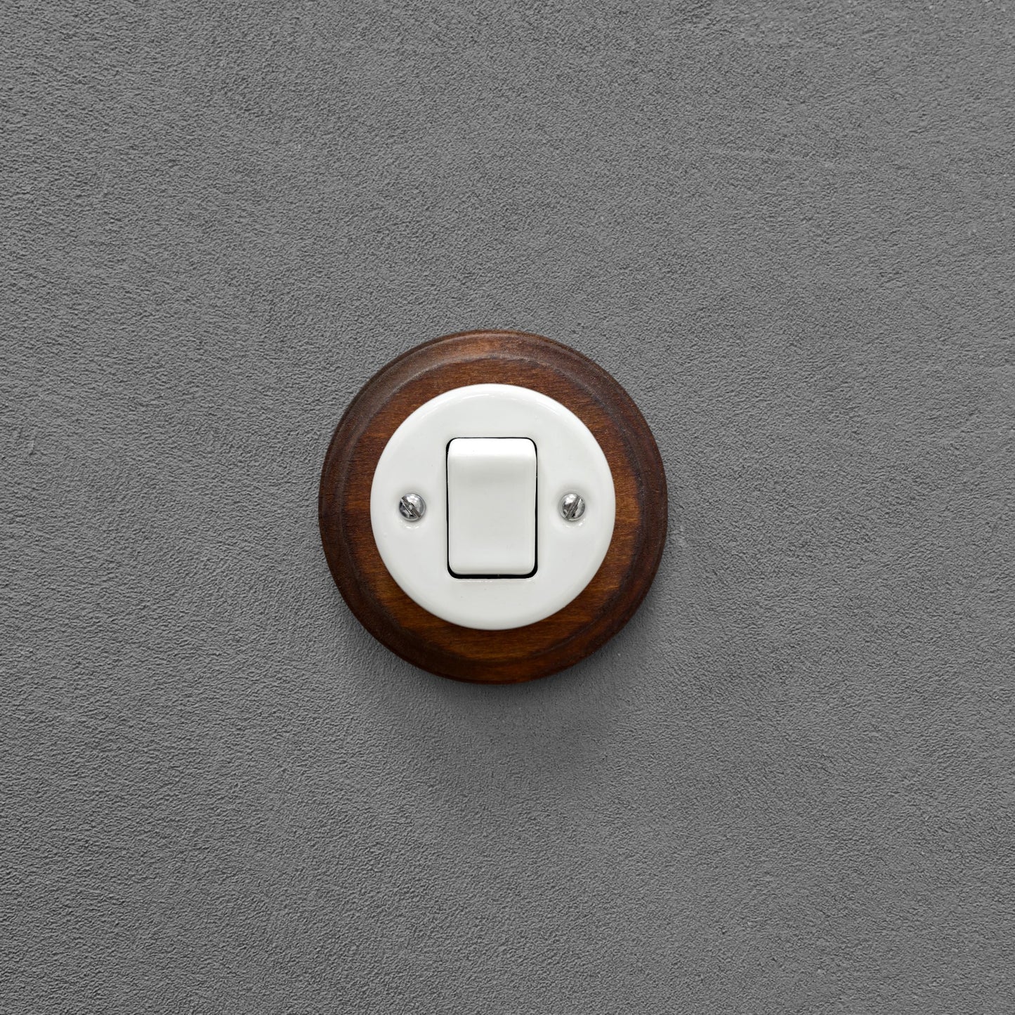 Retro Style White Ceramic Two-Pole Push Button Switch Flush-Mounted Dark Wood Frame, D100mm
