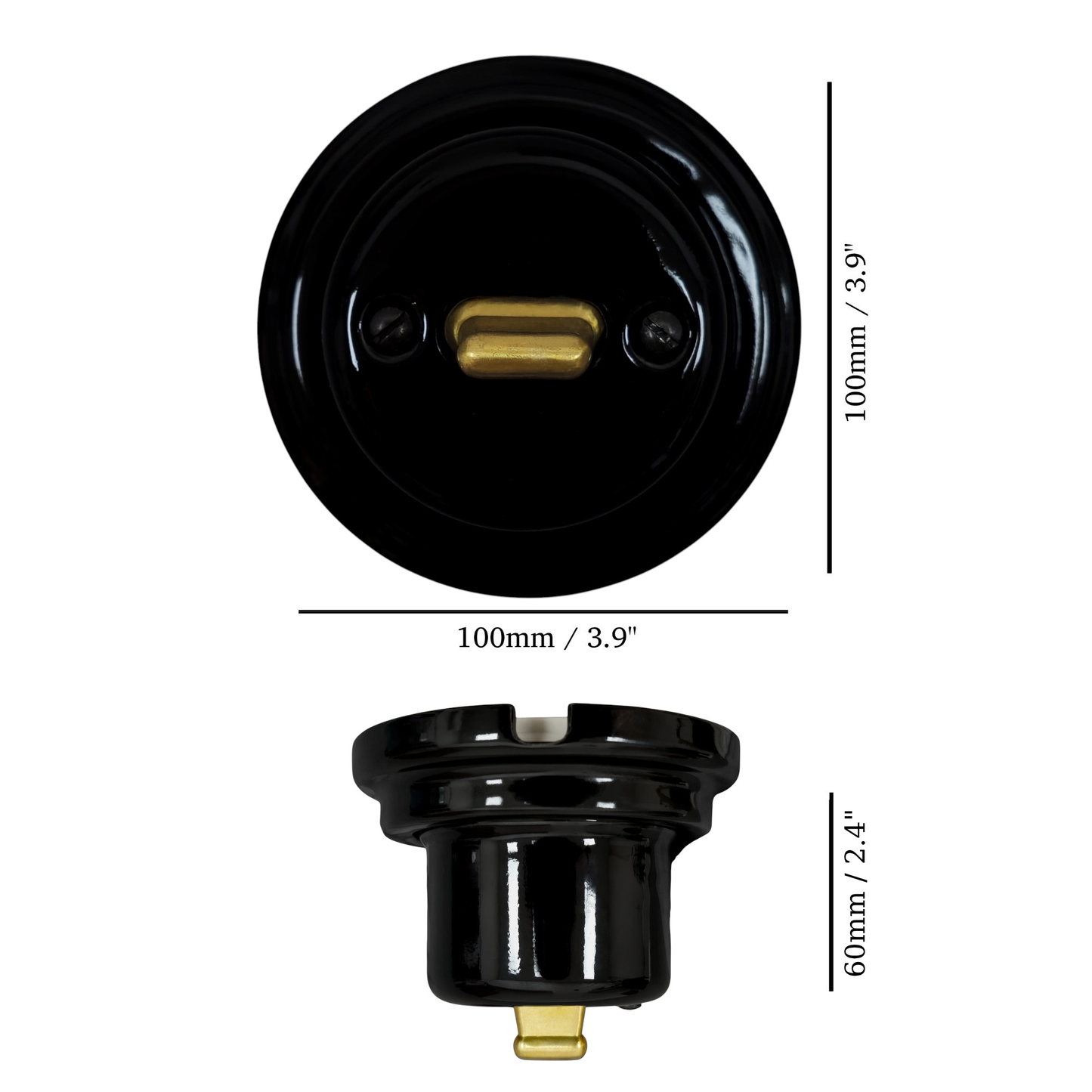 black porcelain intermediate toggle switch, surface-mount, measurements