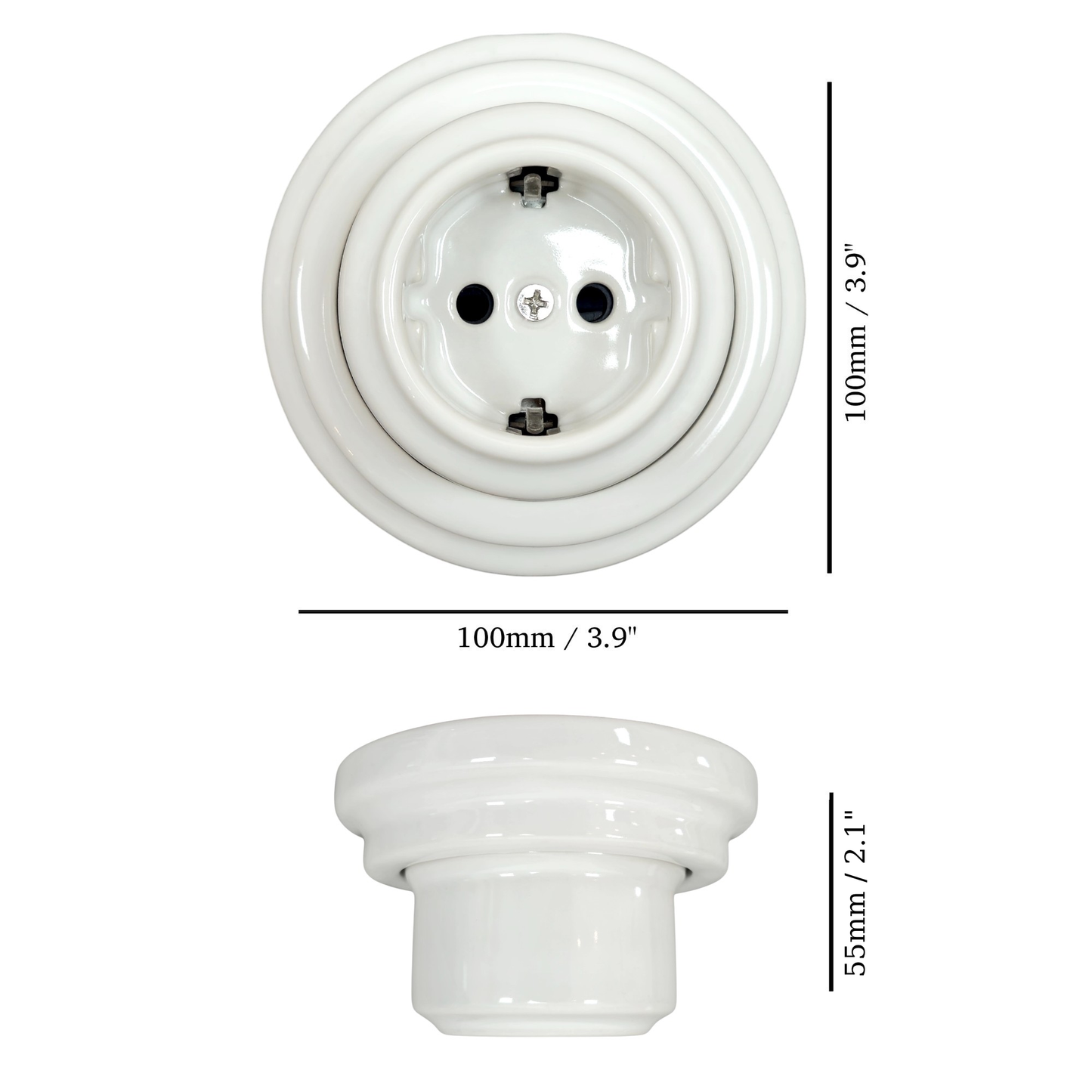 Single SCHUKO porcelain socket, white, surface-mounted, measurements