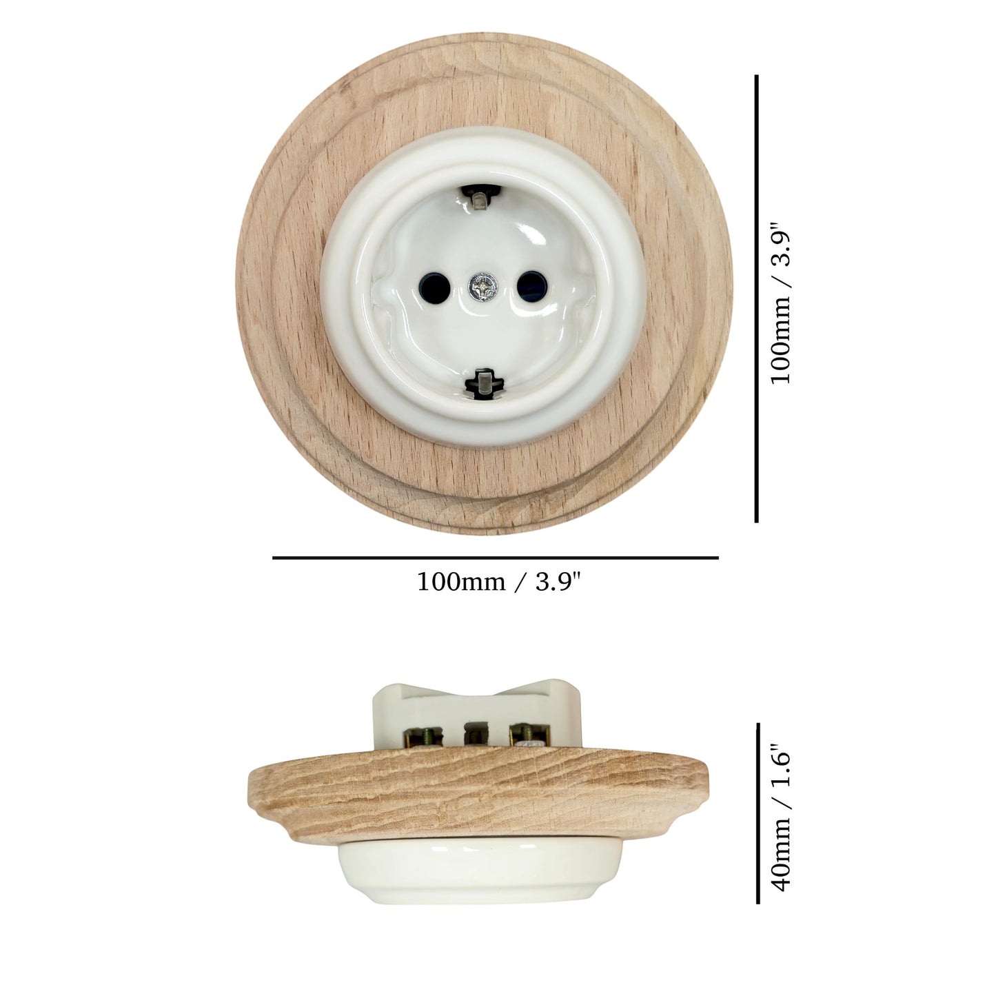 Single SCHUKO porcelain socket with wooden frame, white, flush-mounted, measurements