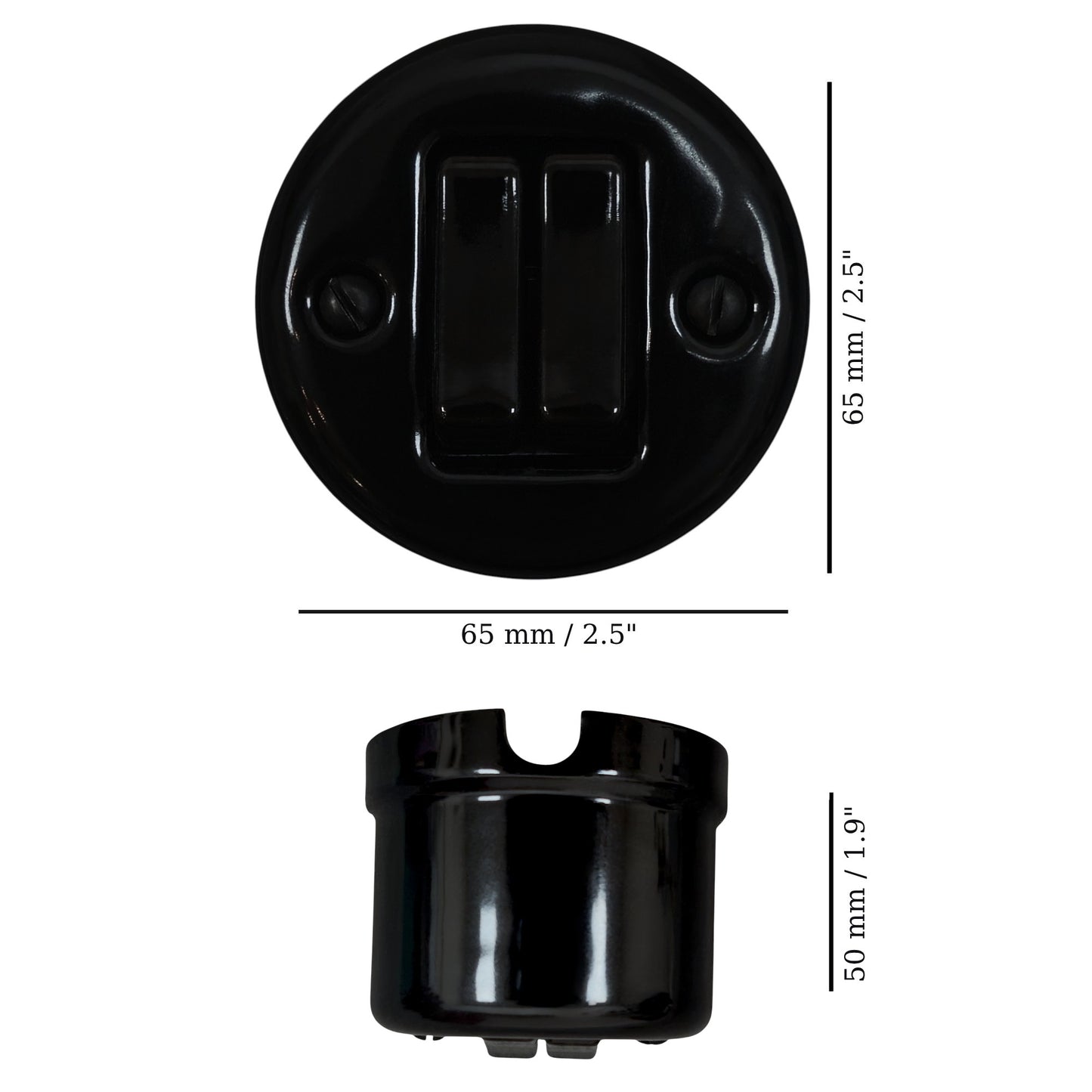 black porcelain 2gang2way light switch insert, surface-mount, measurements