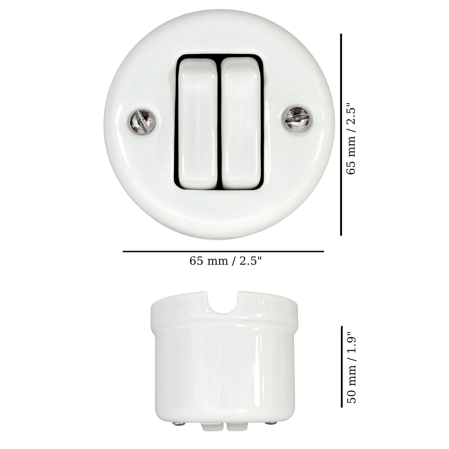 white porcelain 2gang2way light switch insert, surface-mount, measurements