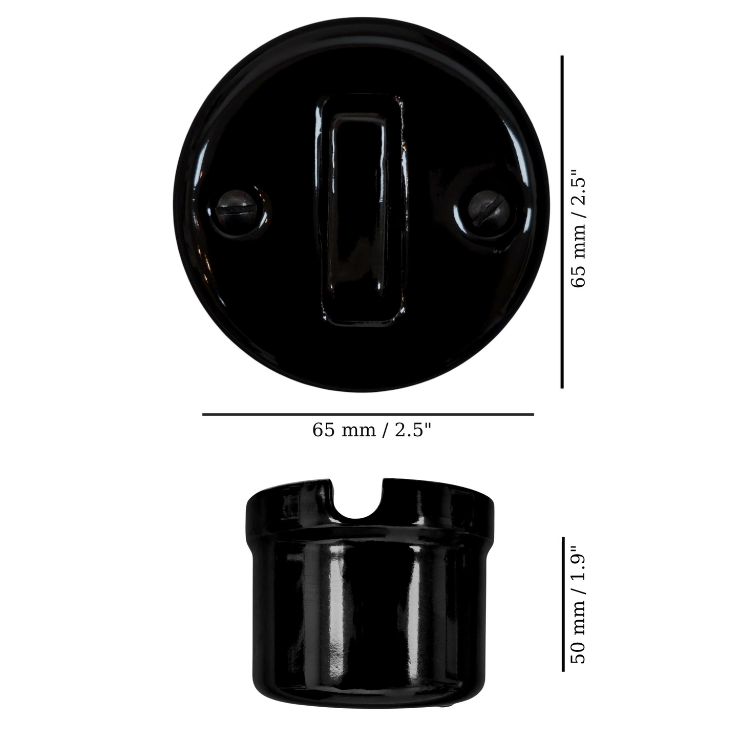 black porcelain 1gang2way light switch insert, surface-mount, measurements