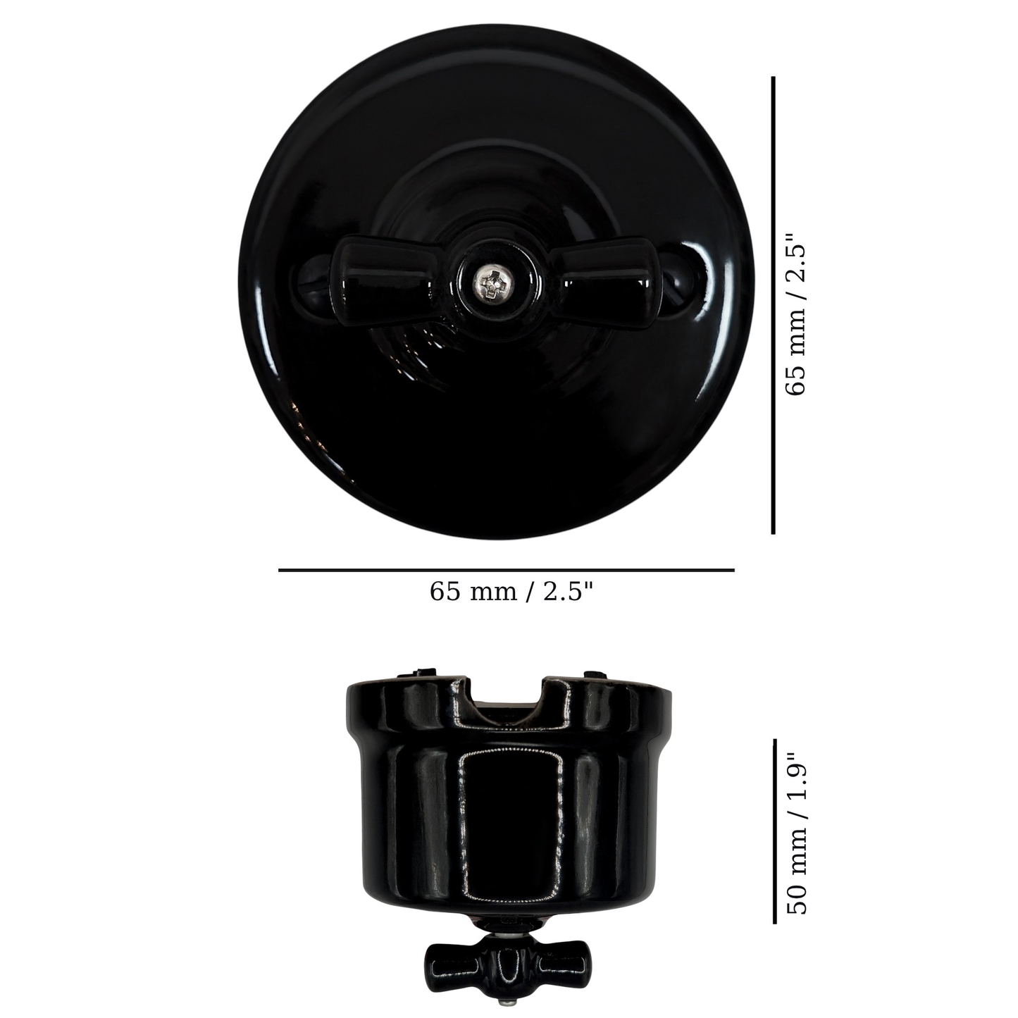 black porcelain 1gang2way rotary switch insert, surface-mount, measurements