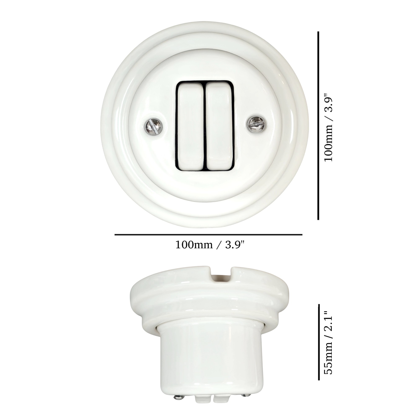 white porcelain 2gang2way light switch, surface-mount, measurements