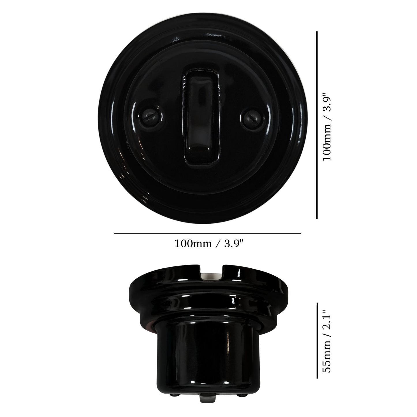 black porcelain 1gang2way light switch, surface-mount, measurements