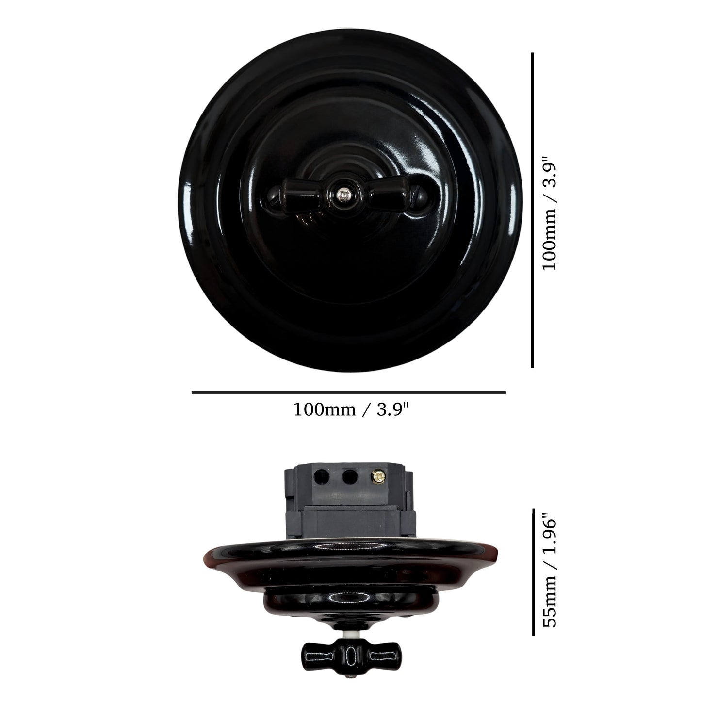 black porcelain double1way rotary switch, flush-mount, measurements