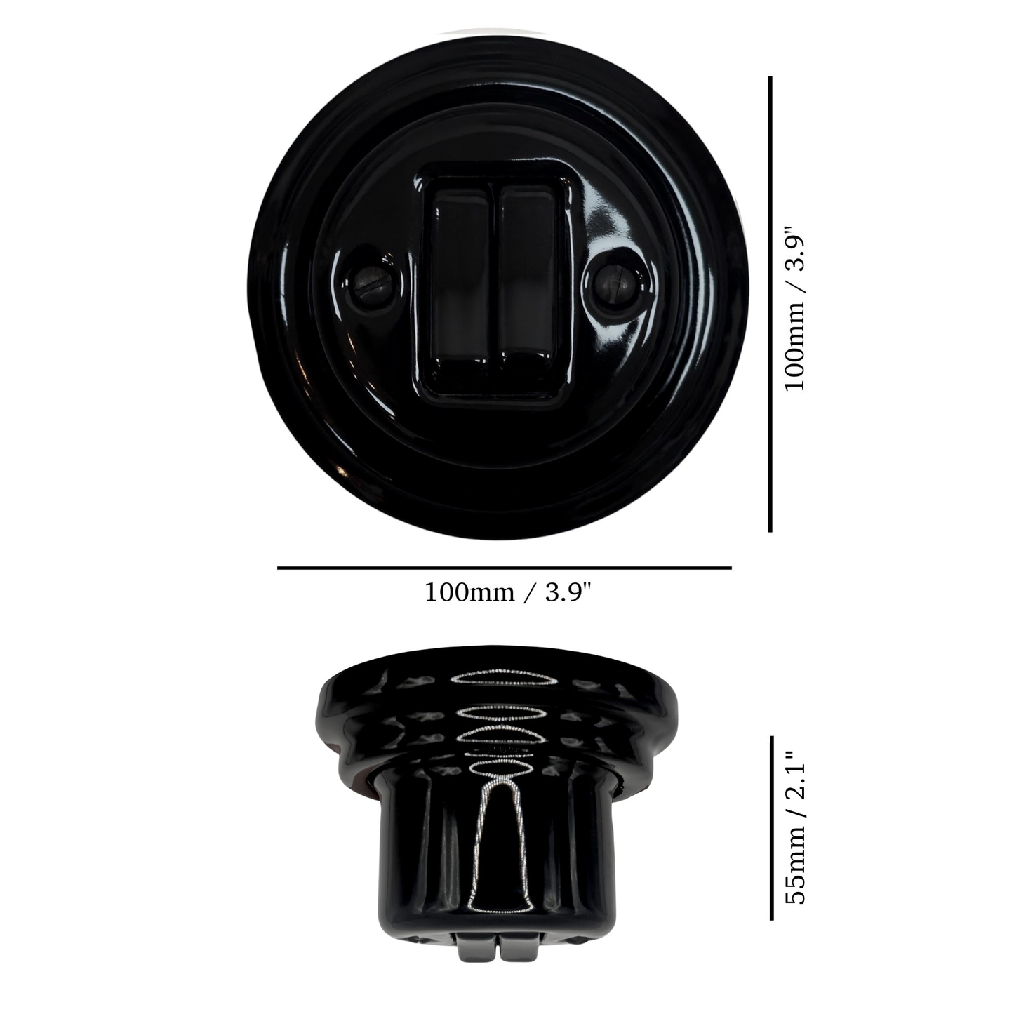 black porcelain 2gang2way light switch, surface-mount, measurements
