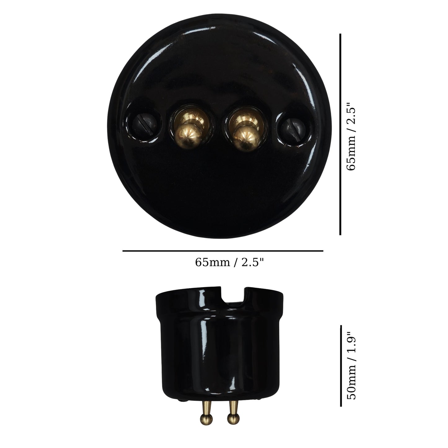black porcelain 2gang2way toggle switch insert, surface-mount, measurements