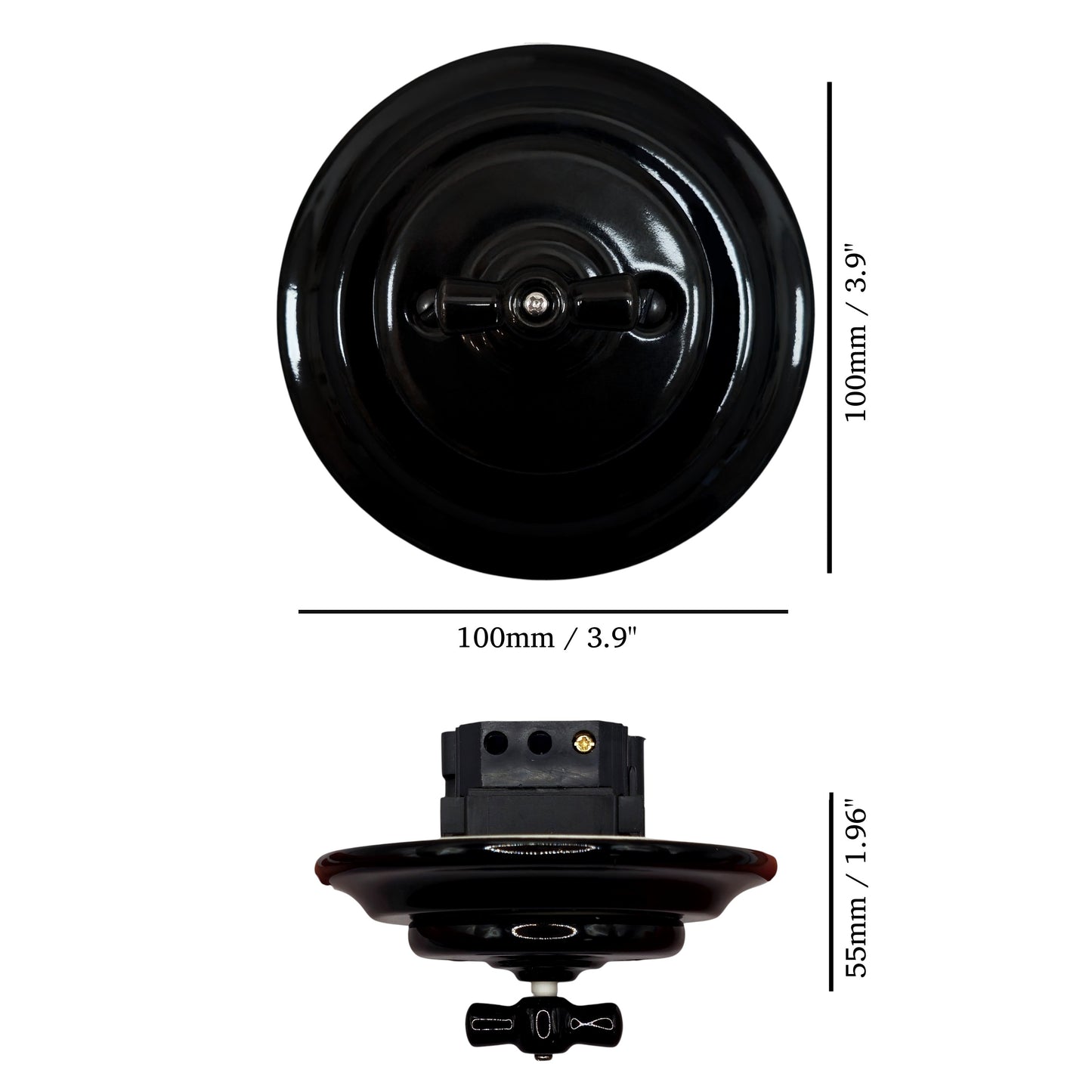 black porcelain 1gang2way rotary switch, flush-mount, measurements