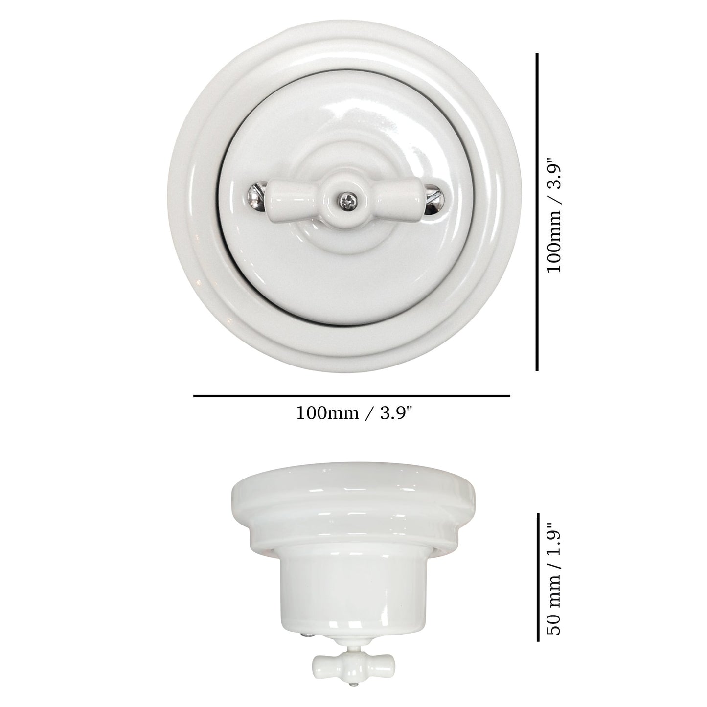 white porcelain double1way rotary light switch, surface-mount, measurements