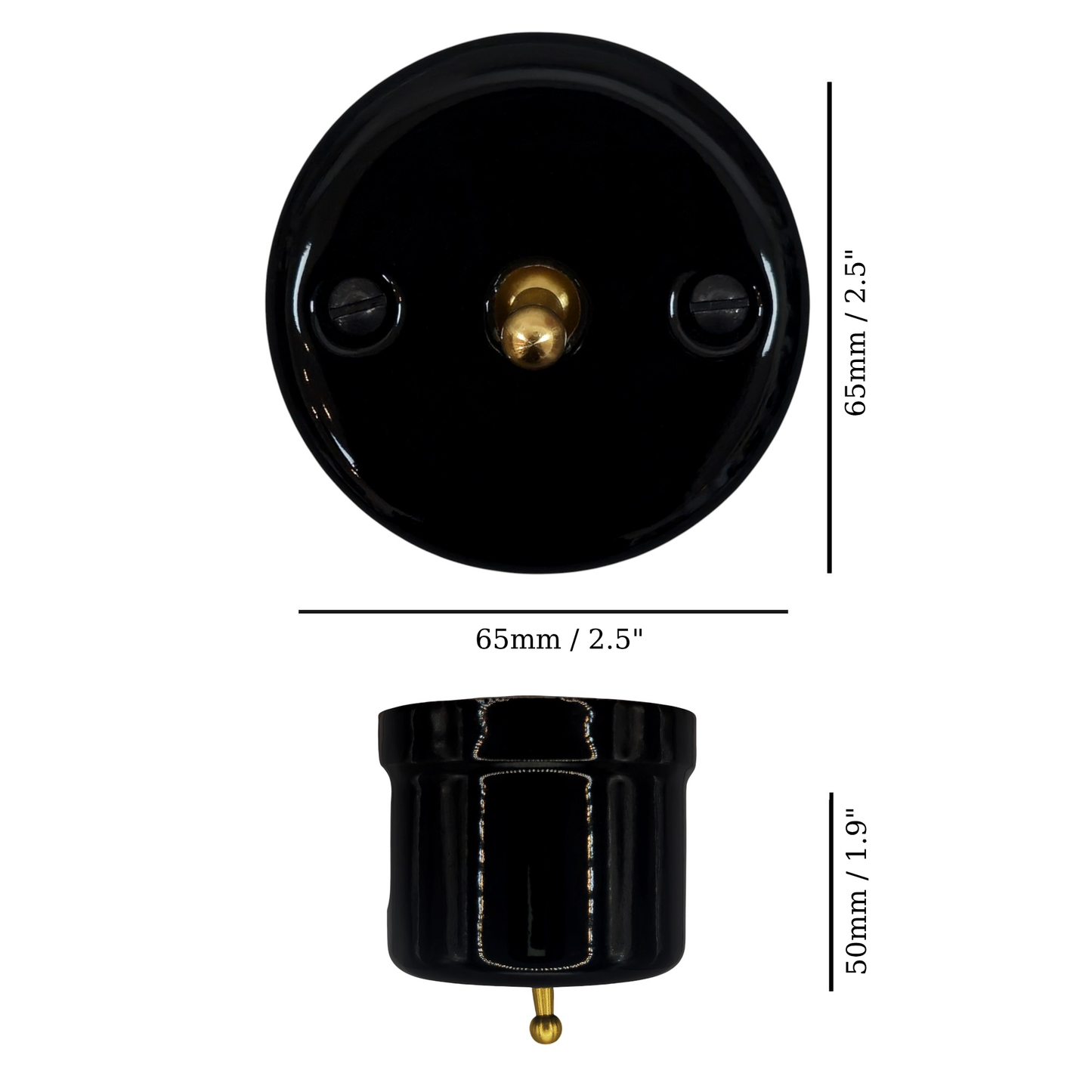 black porcelain 1gang2way toggle switch insert, surface-mount, measurements