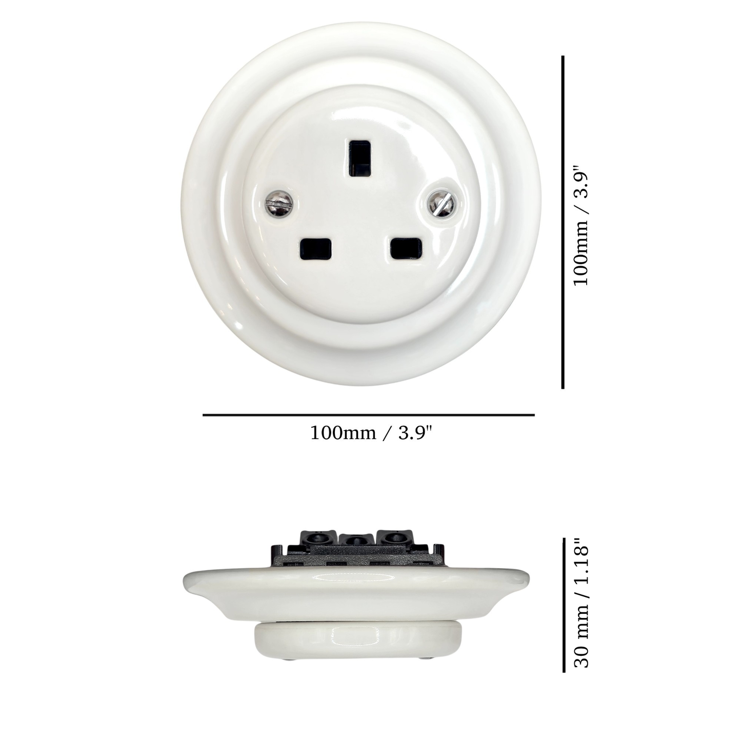 White porcelain UK Plug Socket, flush-mounted, measurements