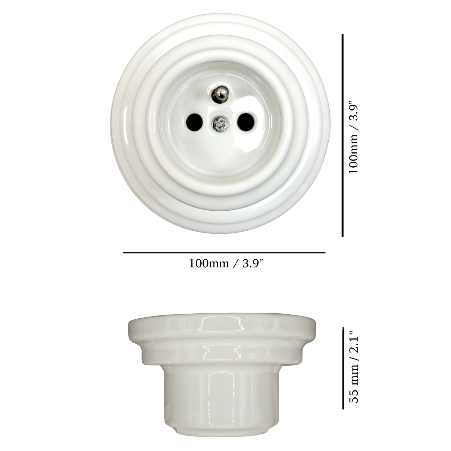 Single white French porcelain socket, surface, measurements
