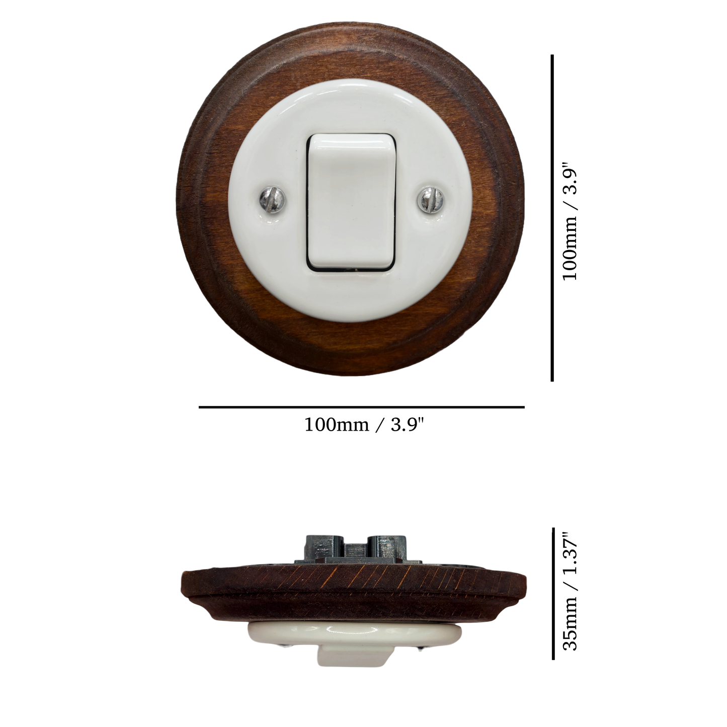 Retro Style White Ceramic Two-Pole Push Button Switch Flush-Mounted Dark Wood Frame, D100mm