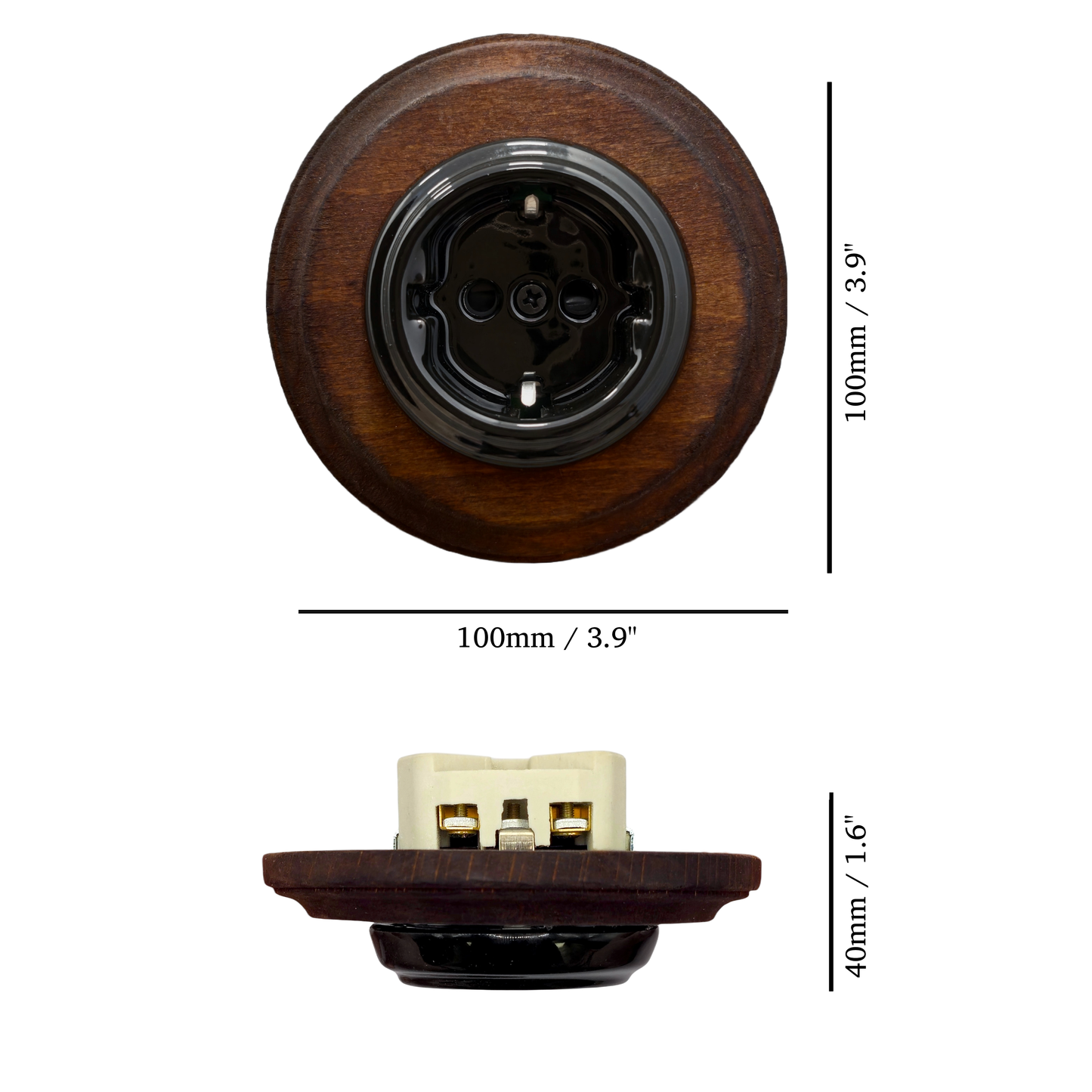 Single SCHUKO porcelain socket with wooden frame, black, flush-mounted, measurements