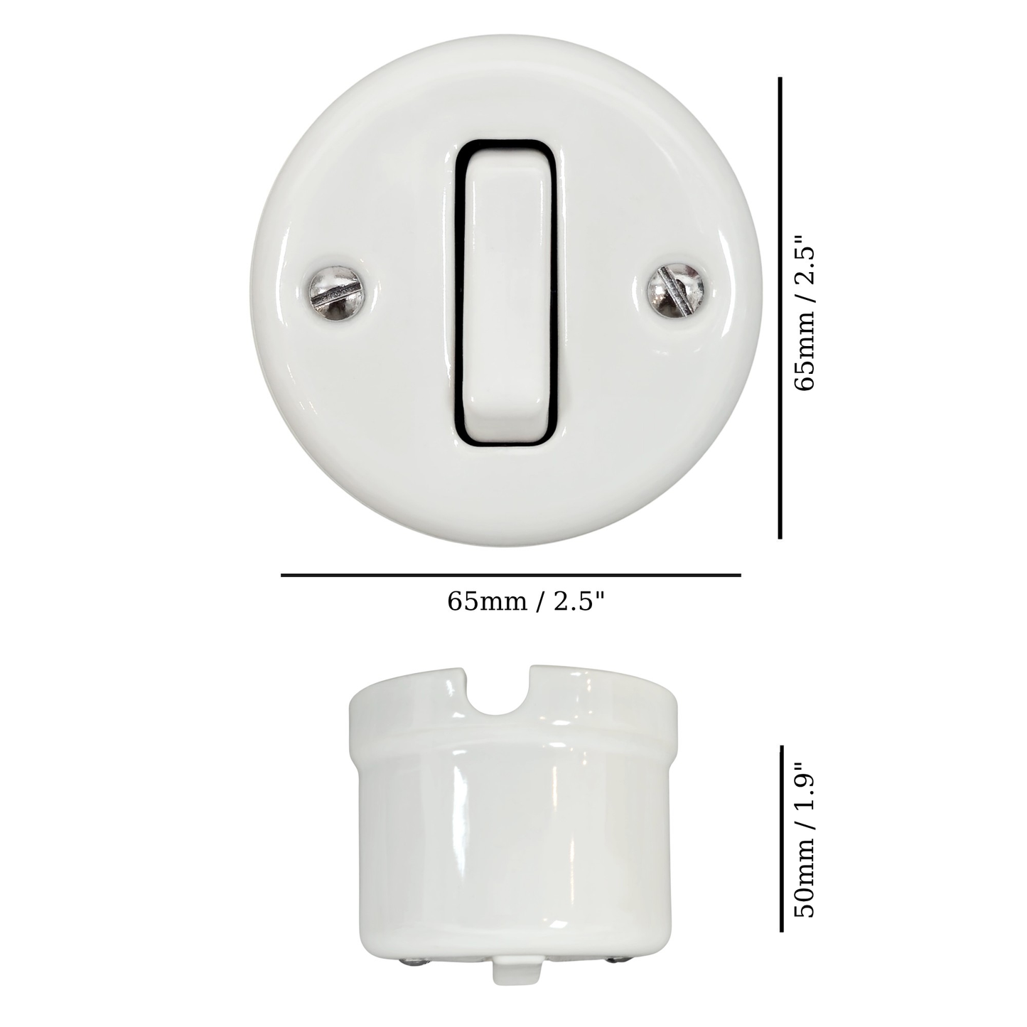 white porcelain 1gang2way light switch insert, surface-mount, measurements