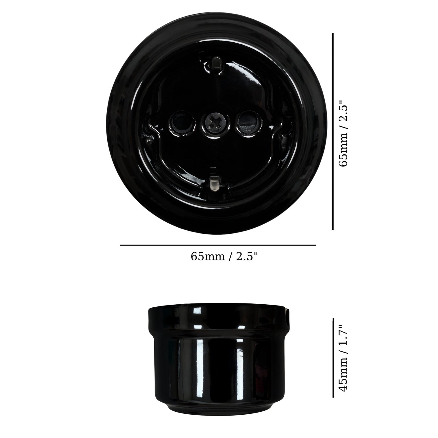 Single SCHUKO porcelain socket insert, black, surface-mounted, measurements