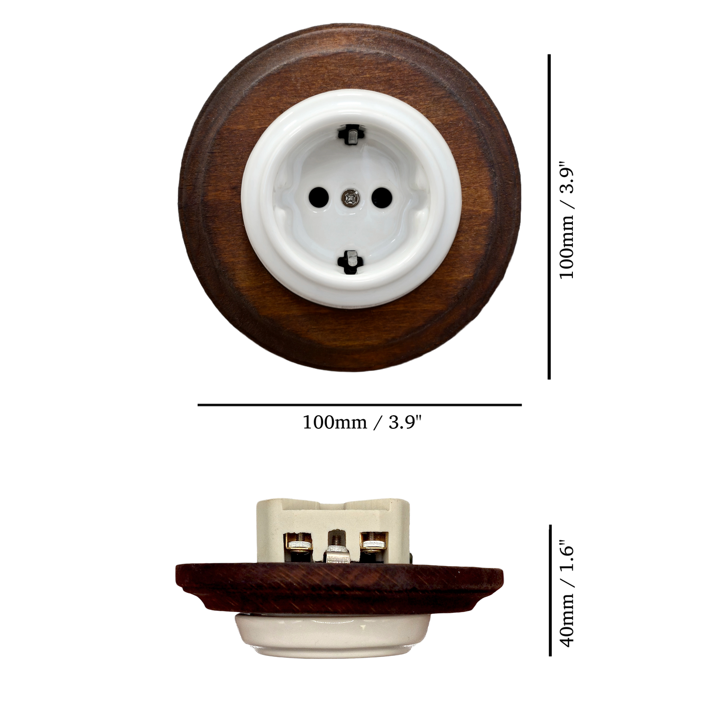 Single SCHUKO porcelain socket with dark wooden frame, white, flush-mounted, measurements
