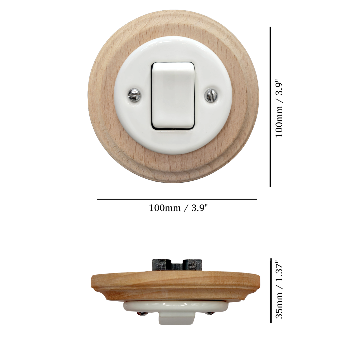 Retro Style White Ceramic Two-Pole Push Button Switch Flush-Mounted Natural Wood Frame, D100mm