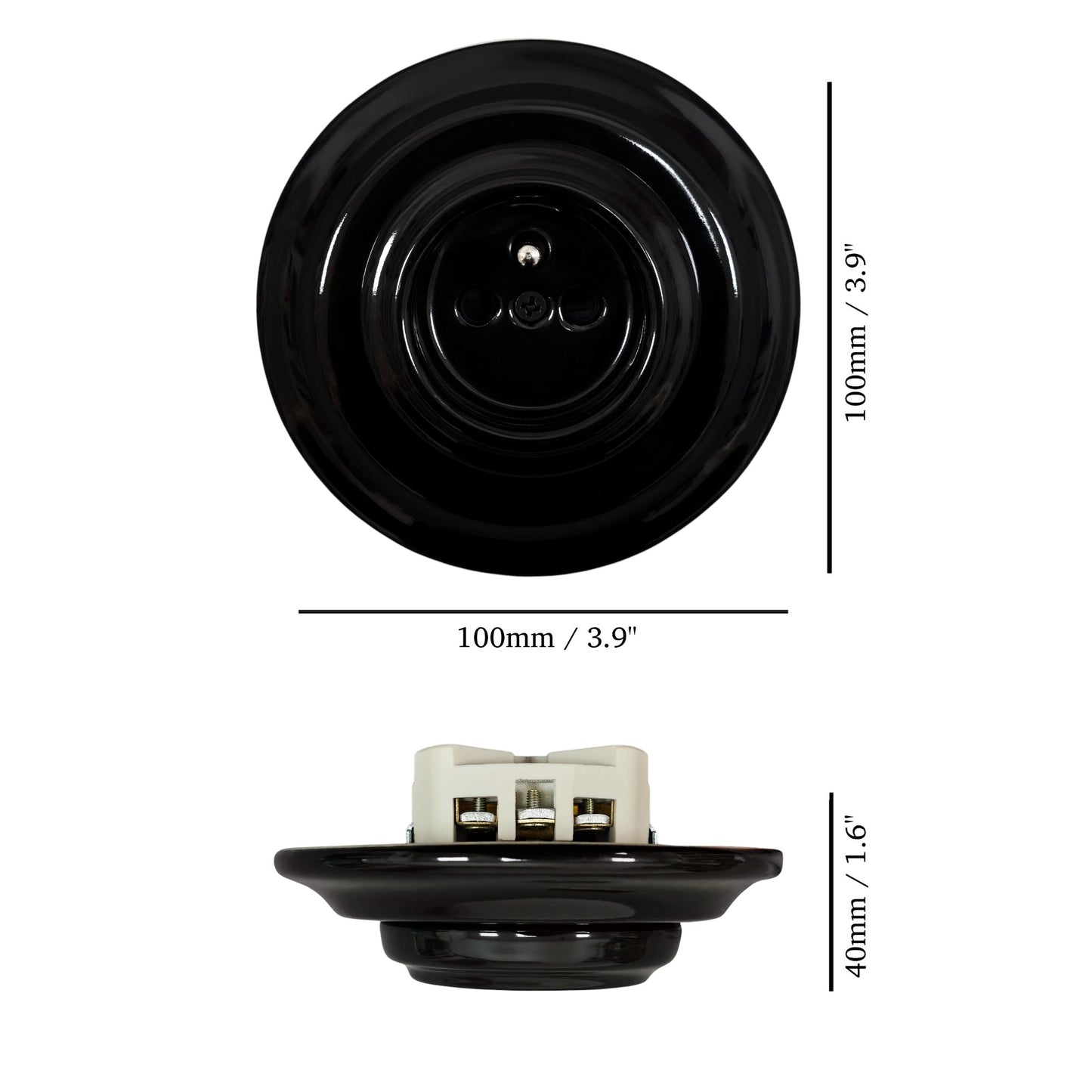 Single black French porcelain socket, flush-mount, measurements