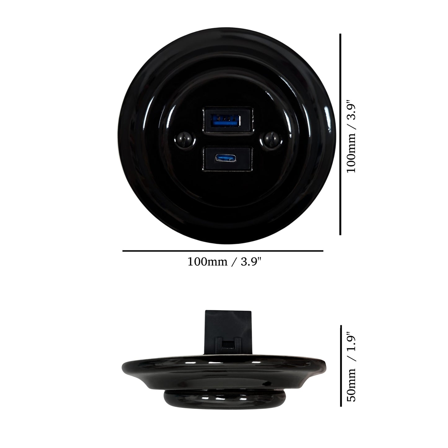 Black porcelain USB A+C charging socket, flush-mounted, measurements